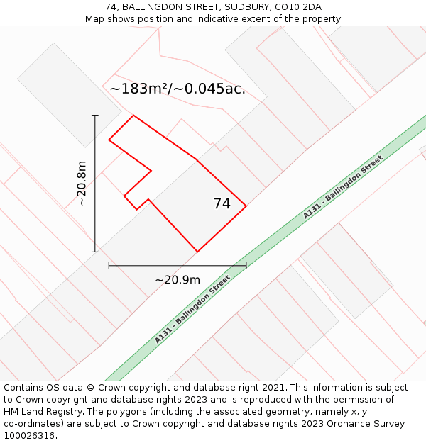 74, BALLINGDON STREET, SUDBURY, CO10 2DA: Plot and title map