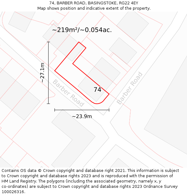 74, BARBER ROAD, BASINGSTOKE, RG22 4EY: Plot and title map