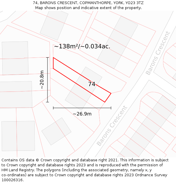 74, BARONS CRESCENT, COPMANTHORPE, YORK, YO23 3TZ: Plot and title map