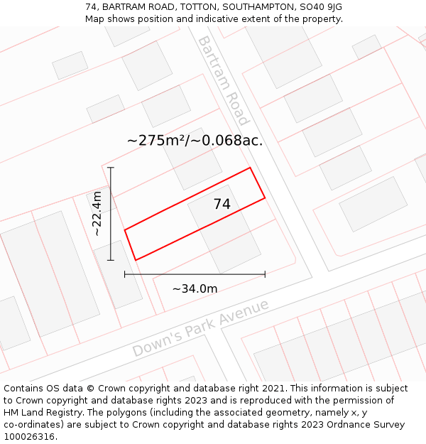 74, BARTRAM ROAD, TOTTON, SOUTHAMPTON, SO40 9JG: Plot and title map