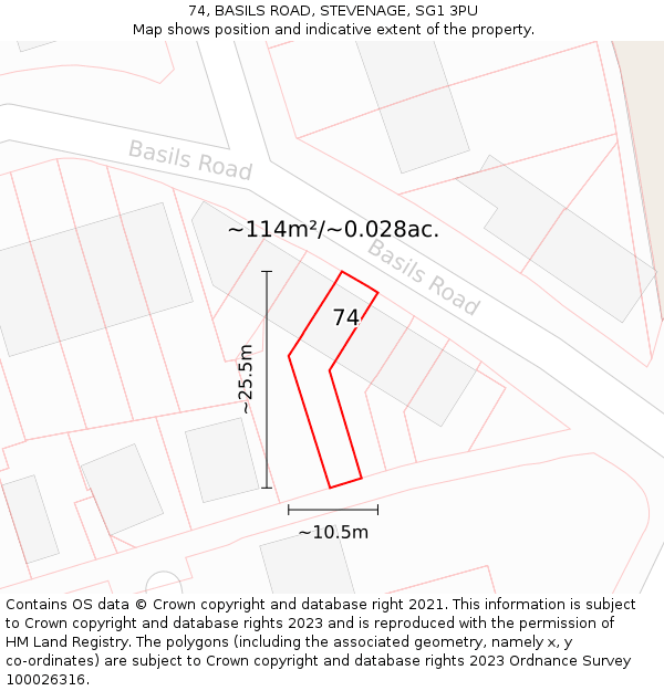 74, BASILS ROAD, STEVENAGE, SG1 3PU: Plot and title map