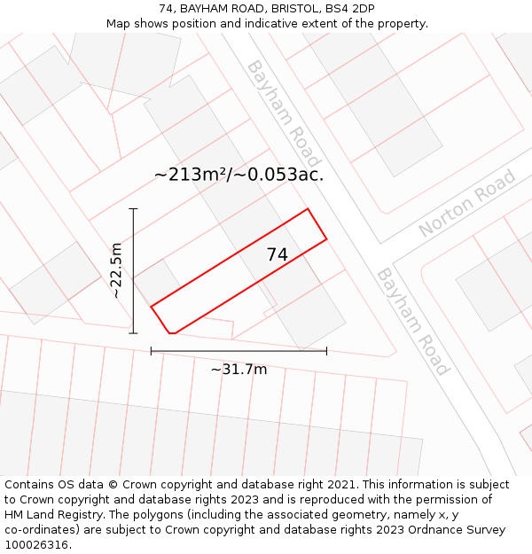 74, BAYHAM ROAD, BRISTOL, BS4 2DP: Plot and title map