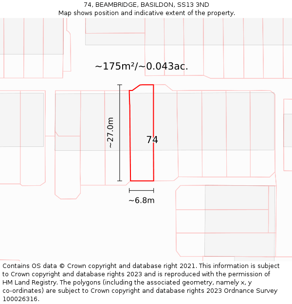 74, BEAMBRIDGE, BASILDON, SS13 3ND: Plot and title map
