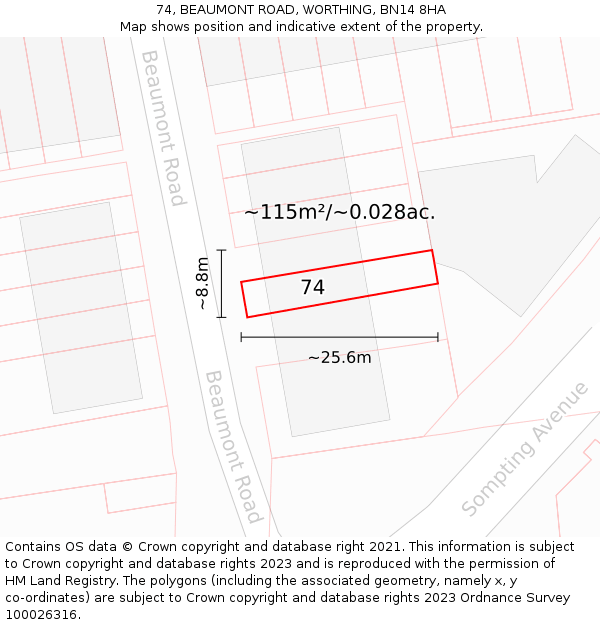 74, BEAUMONT ROAD, WORTHING, BN14 8HA: Plot and title map