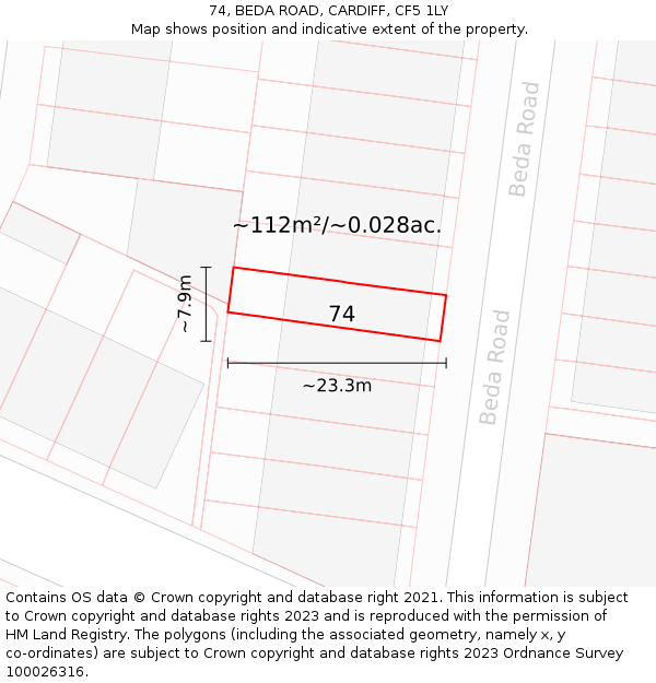 74, BEDA ROAD, CARDIFF, CF5 1LY: Plot and title map