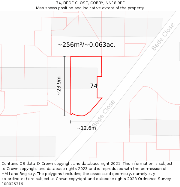74, BEDE CLOSE, CORBY, NN18 9PE: Plot and title map