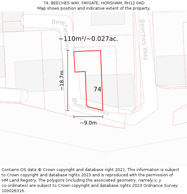 74, BEECHES WAY, FAYGATE, HORSHAM, RH12 0AD: Plot and title map