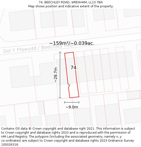 74, BEECHLEY ROAD, WREXHAM, LL13 7BA: Plot and title map