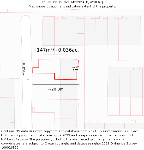 74, BELFIELD, SKELMERSDALE, WN8 9HJ: Plot and title map