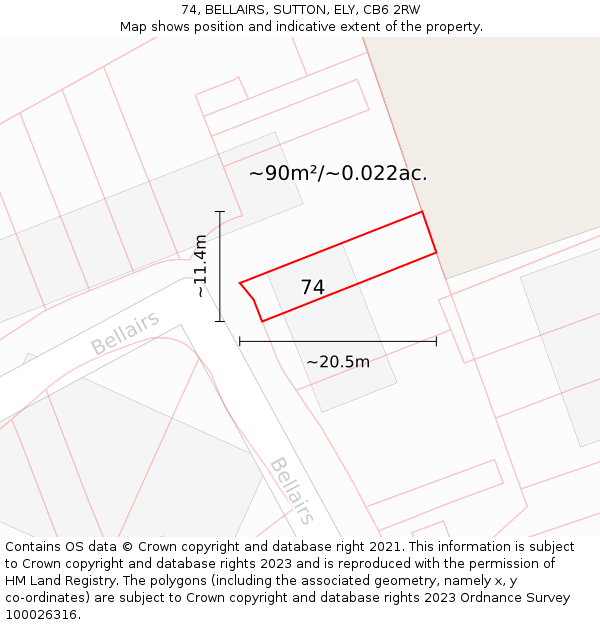 74, BELLAIRS, SUTTON, ELY, CB6 2RW: Plot and title map
