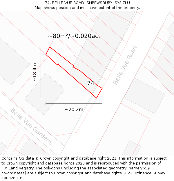 74, BELLE VUE ROAD, SHREWSBURY, SY3 7LU: Plot and title map