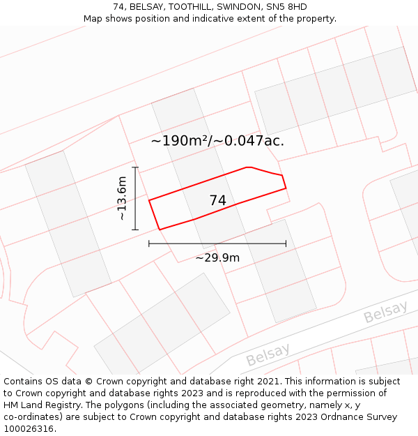 74, BELSAY, TOOTHILL, SWINDON, SN5 8HD: Plot and title map