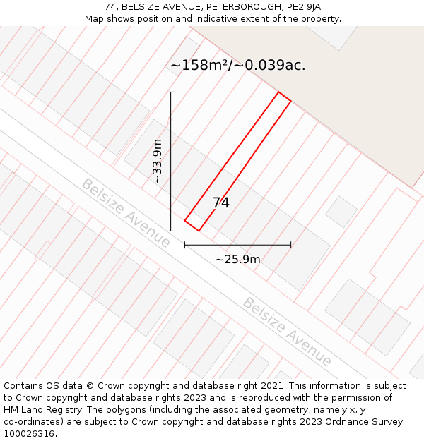 74, BELSIZE AVENUE, PETERBOROUGH, PE2 9JA: Plot and title map