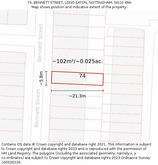 74, BENNETT STREET, LONG EATON, NOTTINGHAM, NG10 4RA: Plot and title map