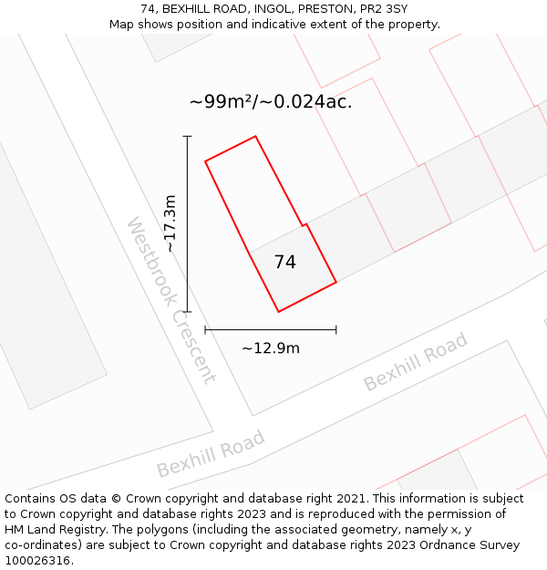 74, BEXHILL ROAD, INGOL, PRESTON, PR2 3SY: Plot and title map