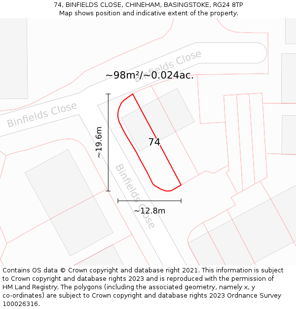 74, BINFIELDS CLOSE, CHINEHAM, BASINGSTOKE, RG24 8TP: Plot and title map