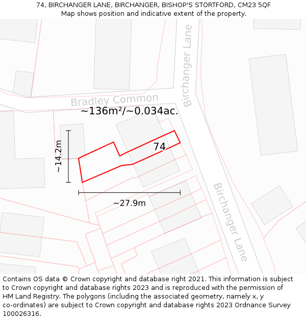 74, BIRCHANGER LANE, BIRCHANGER, BISHOP'S STORTFORD, CM23 5QF: Plot and title map