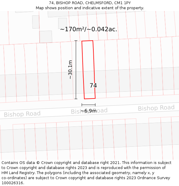 74, BISHOP ROAD, CHELMSFORD, CM1 1PY: Plot and title map
