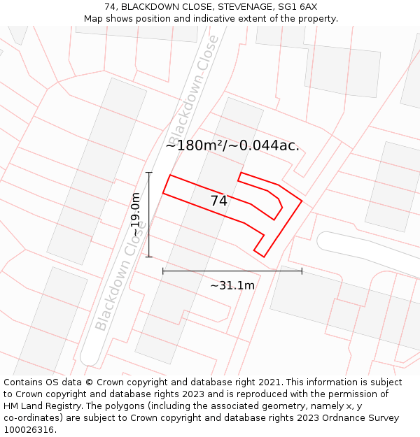 74, BLACKDOWN CLOSE, STEVENAGE, SG1 6AX: Plot and title map