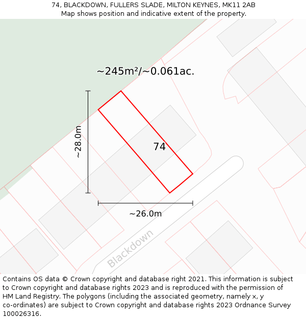 74, BLACKDOWN, FULLERS SLADE, MILTON KEYNES, MK11 2AB: Plot and title map