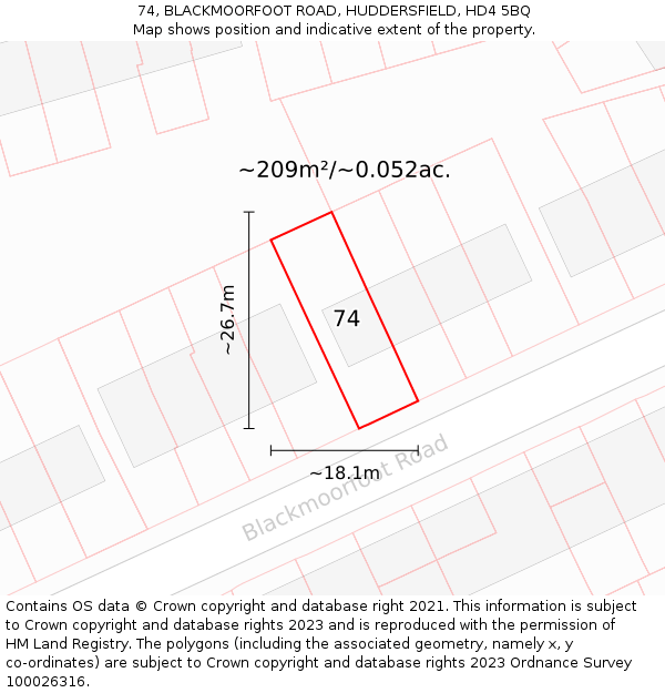 74, BLACKMOORFOOT ROAD, HUDDERSFIELD, HD4 5BQ: Plot and title map