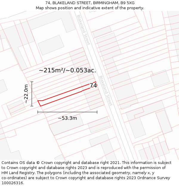 74, BLAKELAND STREET, BIRMINGHAM, B9 5XG: Plot and title map
