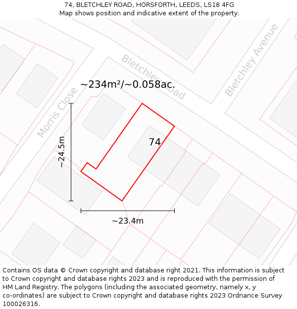 74, BLETCHLEY ROAD, HORSFORTH, LEEDS, LS18 4FG: Plot and title map