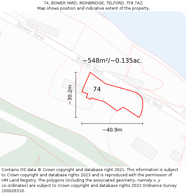 74, BOWER YARD, IRONBRIDGE, TELFORD, TF8 7AZ: Plot and title map