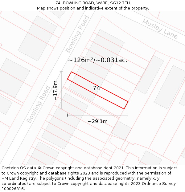 74, BOWLING ROAD, WARE, SG12 7EH: Plot and title map