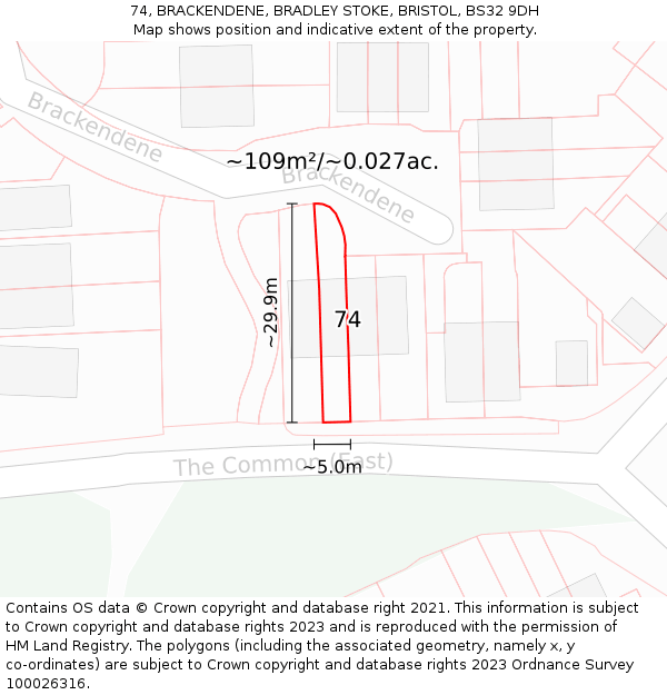 74, BRACKENDENE, BRADLEY STOKE, BRISTOL, BS32 9DH: Plot and title map
