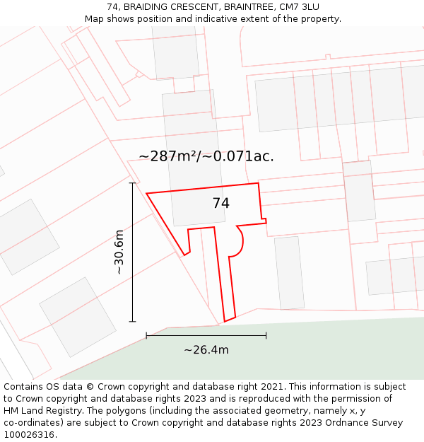 74, BRAIDING CRESCENT, BRAINTREE, CM7 3LU: Plot and title map