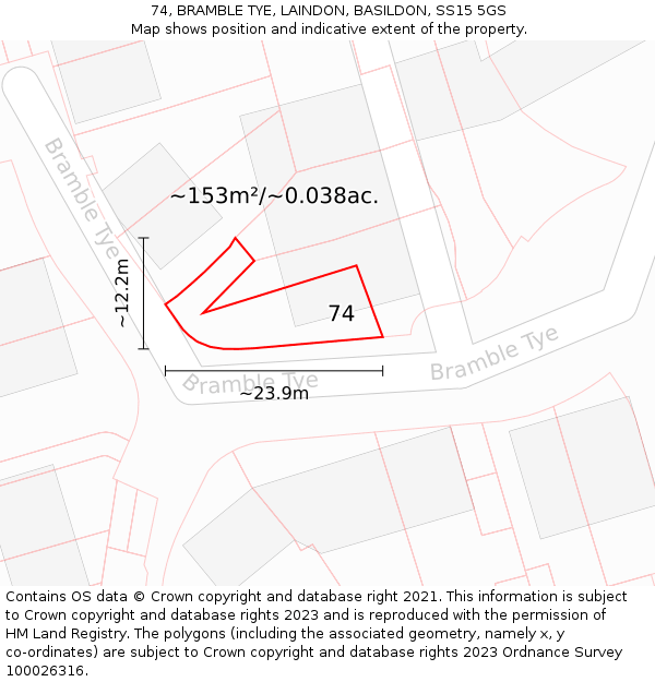 74, BRAMBLE TYE, LAINDON, BASILDON, SS15 5GS: Plot and title map