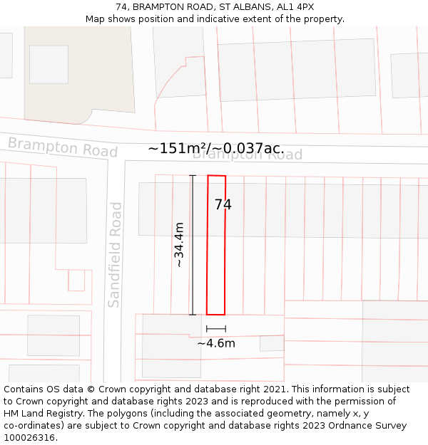 74, BRAMPTON ROAD, ST ALBANS, AL1 4PX: Plot and title map