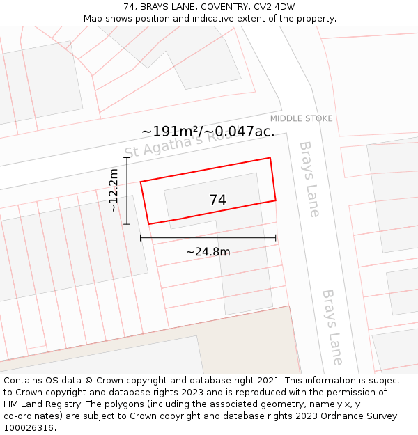 74, BRAYS LANE, COVENTRY, CV2 4DW: Plot and title map