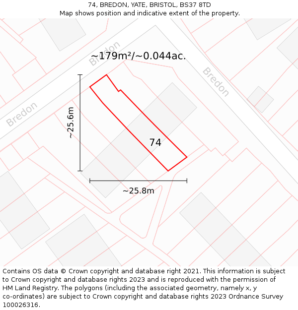 74, BREDON, YATE, BRISTOL, BS37 8TD: Plot and title map