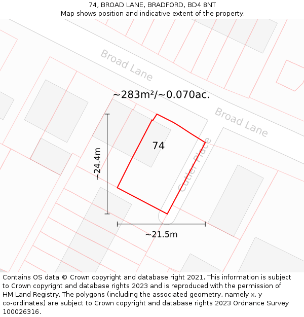 74, BROAD LANE, BRADFORD, BD4 8NT: Plot and title map