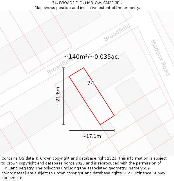 74, BROADFIELD, HARLOW, CM20 3PU: Plot and title map