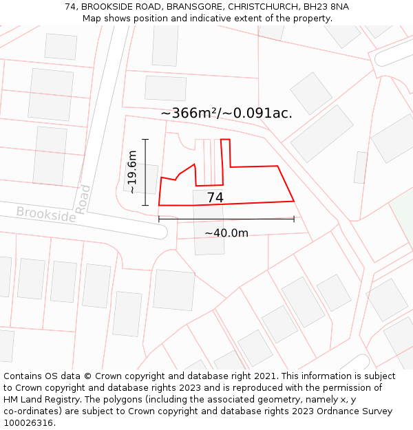 74, BROOKSIDE ROAD, BRANSGORE, CHRISTCHURCH, BH23 8NA: Plot and title map