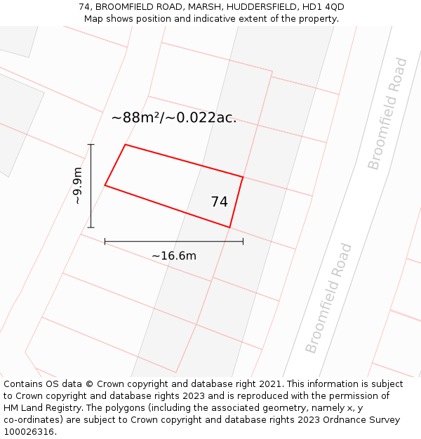 74, BROOMFIELD ROAD, MARSH, HUDDERSFIELD, HD1 4QD: Plot and title map