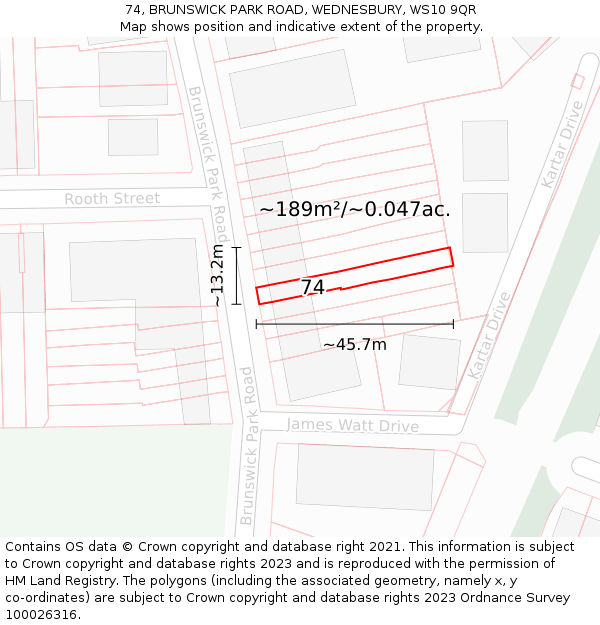 74, BRUNSWICK PARK ROAD, WEDNESBURY, WS10 9QR: Plot and title map