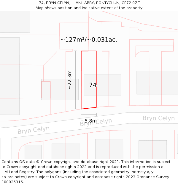 74, BRYN CELYN, LLANHARRY, PONTYCLUN, CF72 9ZE: Plot and title map