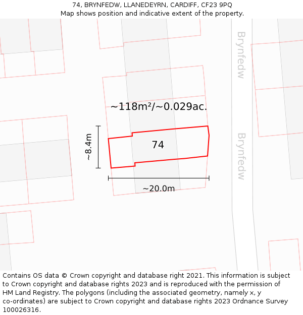 74, BRYNFEDW, LLANEDEYRN, CARDIFF, CF23 9PQ: Plot and title map