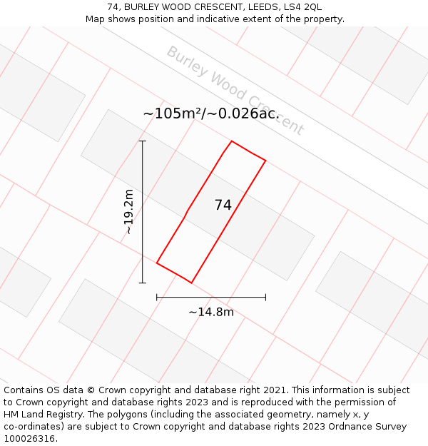 74, BURLEY WOOD CRESCENT, LEEDS, LS4 2QL: Plot and title map