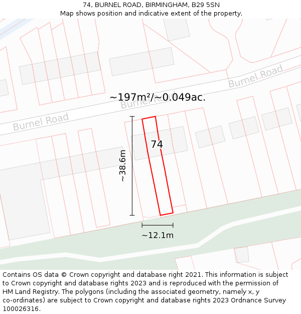 74, BURNEL ROAD, BIRMINGHAM, B29 5SN: Plot and title map