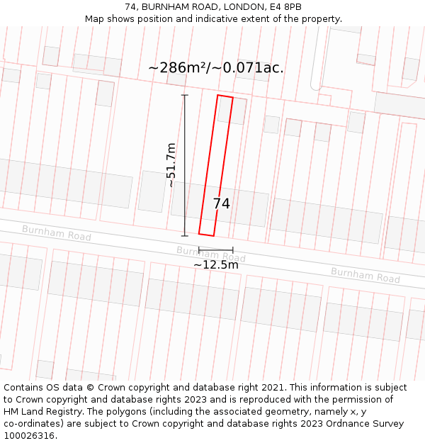 74, BURNHAM ROAD, LONDON, E4 8PB: Plot and title map