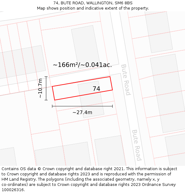 74, BUTE ROAD, WALLINGTON, SM6 8BS: Plot and title map