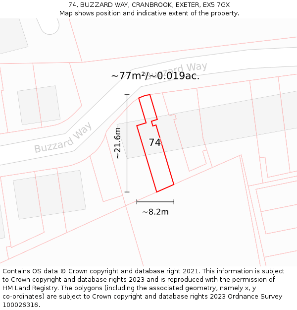 74, BUZZARD WAY, CRANBROOK, EXETER, EX5 7GX: Plot and title map