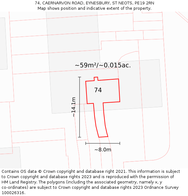 74, CAERNARVON ROAD, EYNESBURY, ST NEOTS, PE19 2RN: Plot and title map