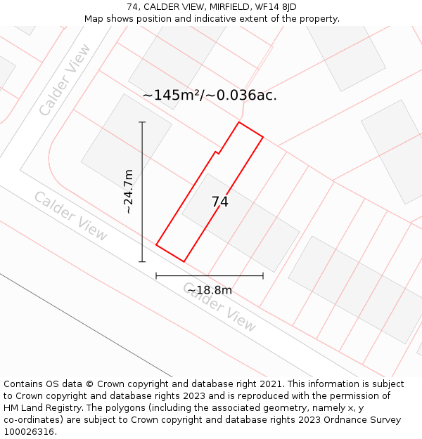 74, CALDER VIEW, MIRFIELD, WF14 8JD: Plot and title map