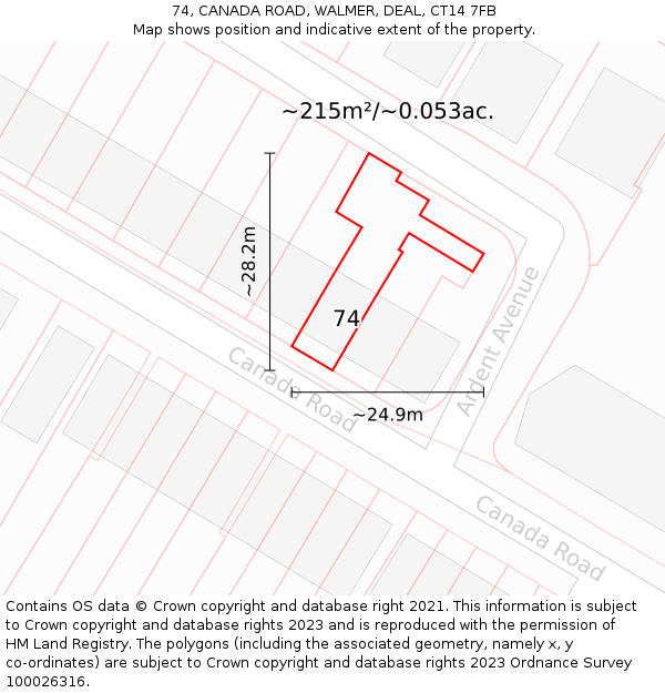 74, CANADA ROAD, WALMER, DEAL, CT14 7FB: Plot and title map
